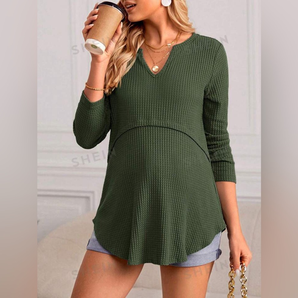 Maternity Waffle Knit Notched Neck Tee